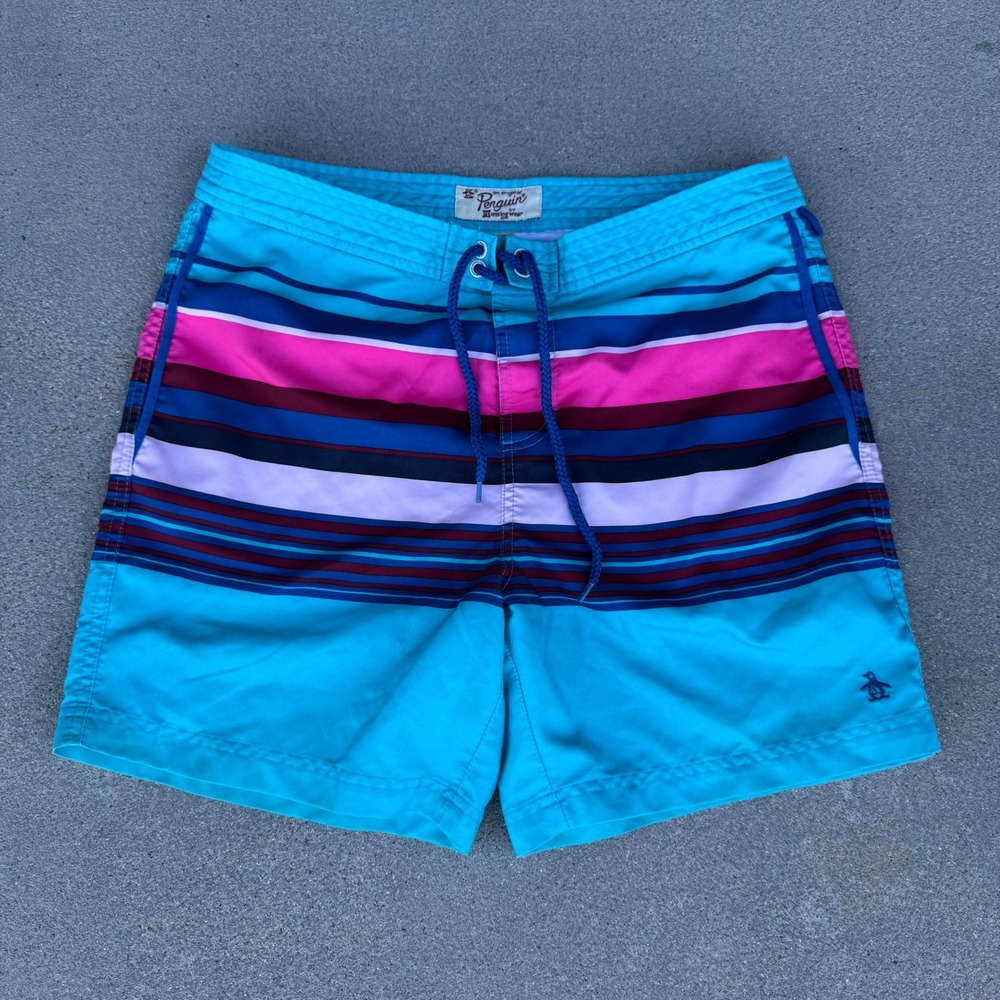Original Penguin Mens Size 32 Swim Trunks Blue Striped Board Shorts Mesh Lining